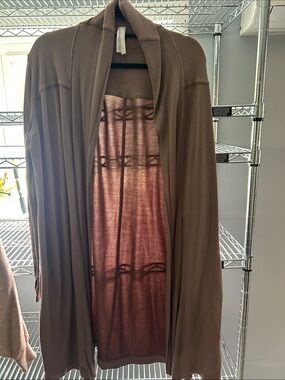 Athleta Brown Hooded Open-Front Cardigan with Copper Interior